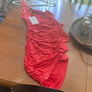 Zara Coral Red Ruched Bodycon Dress